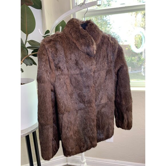 Genuine Vintage Rabbit Fur Brown Size S 6 Stand Collar Satin Lined Pockets 7019 - Picture 1 of 8